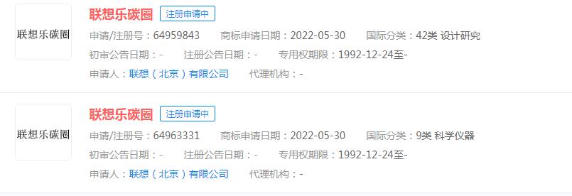 聯(lián)想申請(qǐng)“聯(lián)想樂(lè)碳圈”商標(biāo)，目前狀態(tài)顯示申請(qǐng)中