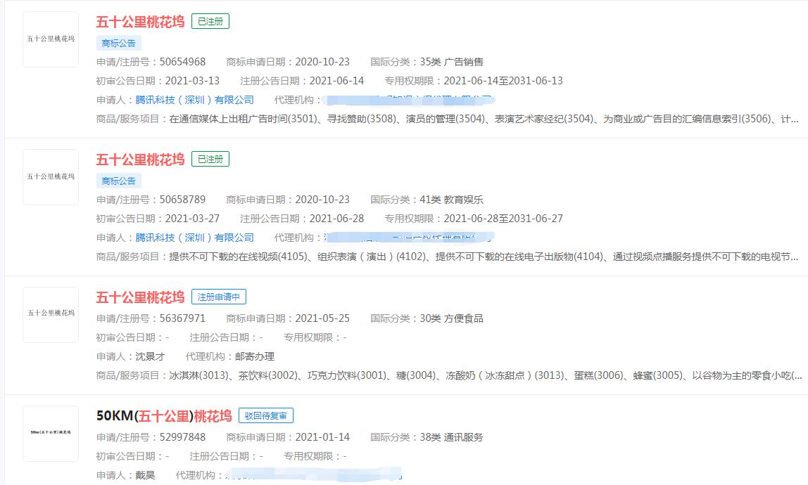 騰訊成功注冊“五十公里桃花塢”商標(biāo)，分類涉及教育和廣告